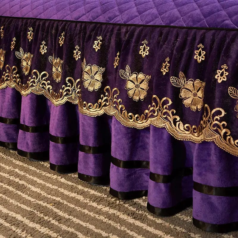 Luxury Dudaxury Crystal Velvet Quilted Bedspread with lace bed skirt and pillowcases for king and queen size beds.