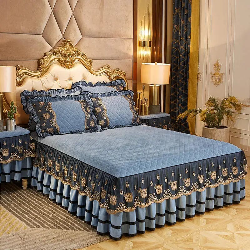 Luxury Dudaxury Crystal Velvet Quilted Bedspread with lace bed skirt set, soft bedding for king and queen size beds, includes pillowcases.