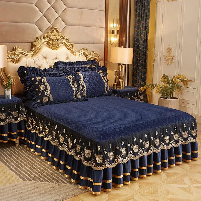 Luxury Dudaxury Crystal Velvet Quilted Bedspread with matching lace bed skirt and pillowcases for king and queen size beds.