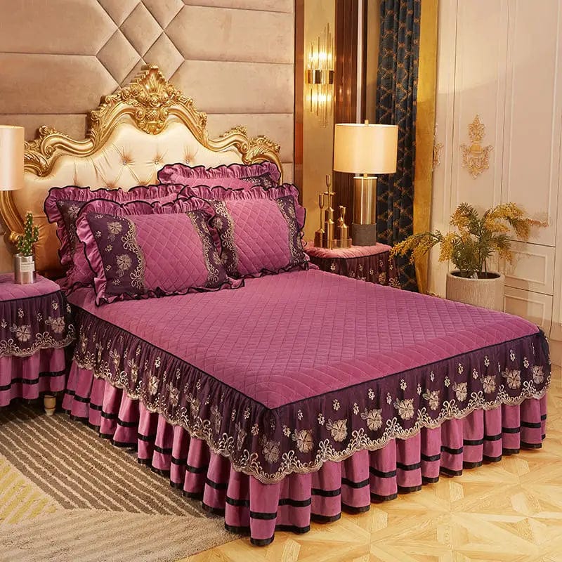 Luxury Dudaxury Crystal Velvet Quilted Bedspread with lace bed skirt set, soft bedding for king and queen size beds.