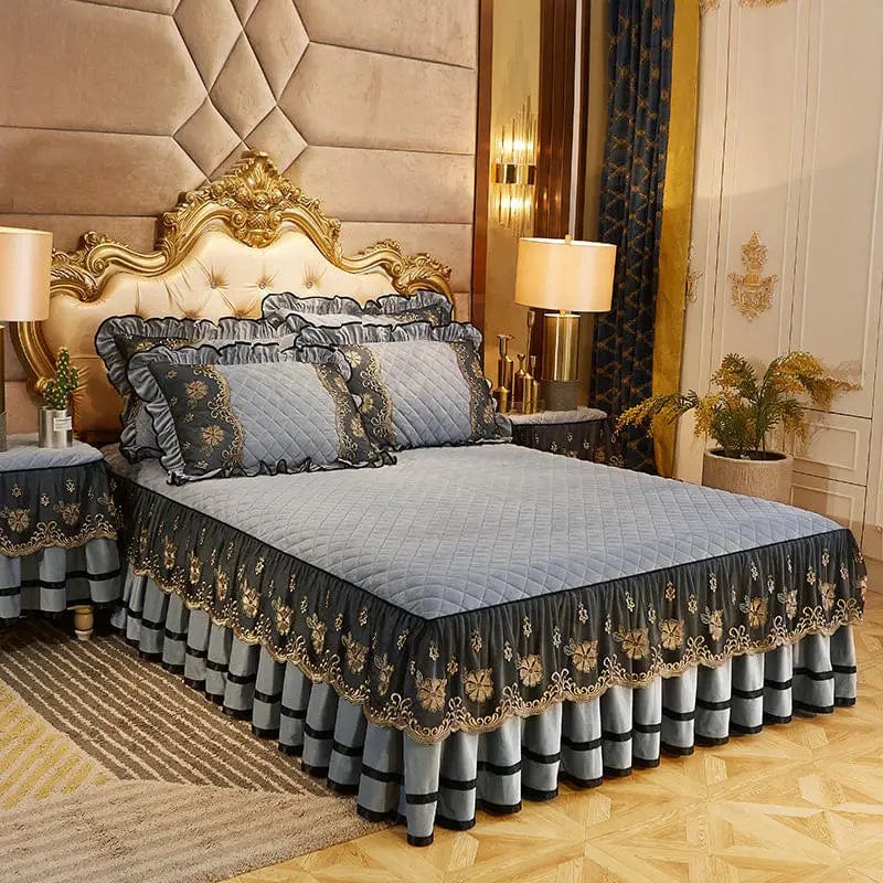 Luxury Dudaxury Crystal Velvet Quilted Bedspread with lace bed skirt set, super-soft bedding for king and queen size beds.