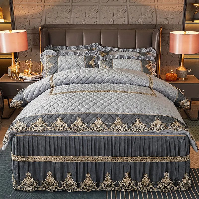 Ai·Winsure quilted velvet duvet cover set with embroidered lace, includes two pillowcases, in solid color for queen or king bed.
