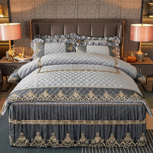 Ai·Winsure quilted velvet duvet cover set with embroidered lace, includes two pillowcases, in solid color for queen or king bed.