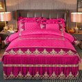 Ai·Winsure quilted velvet duvet cover set with embroidered lace, includes two pillowcases, in solid color for double or king beds.