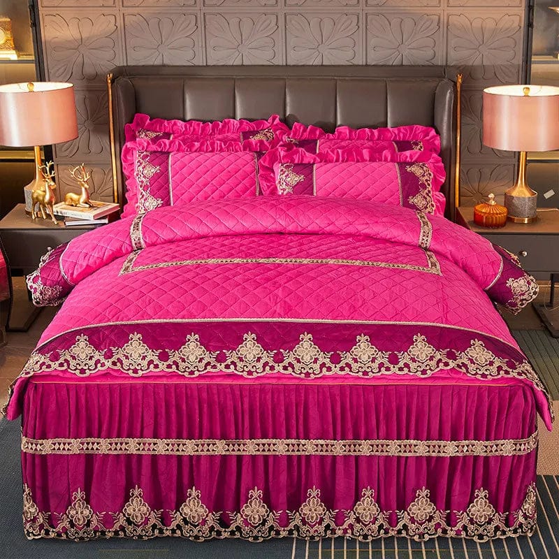 Ai·Winsure quilted velvet duvet cover set with embroidered lace, includes two pillowcases, in solid color for double or king beds.