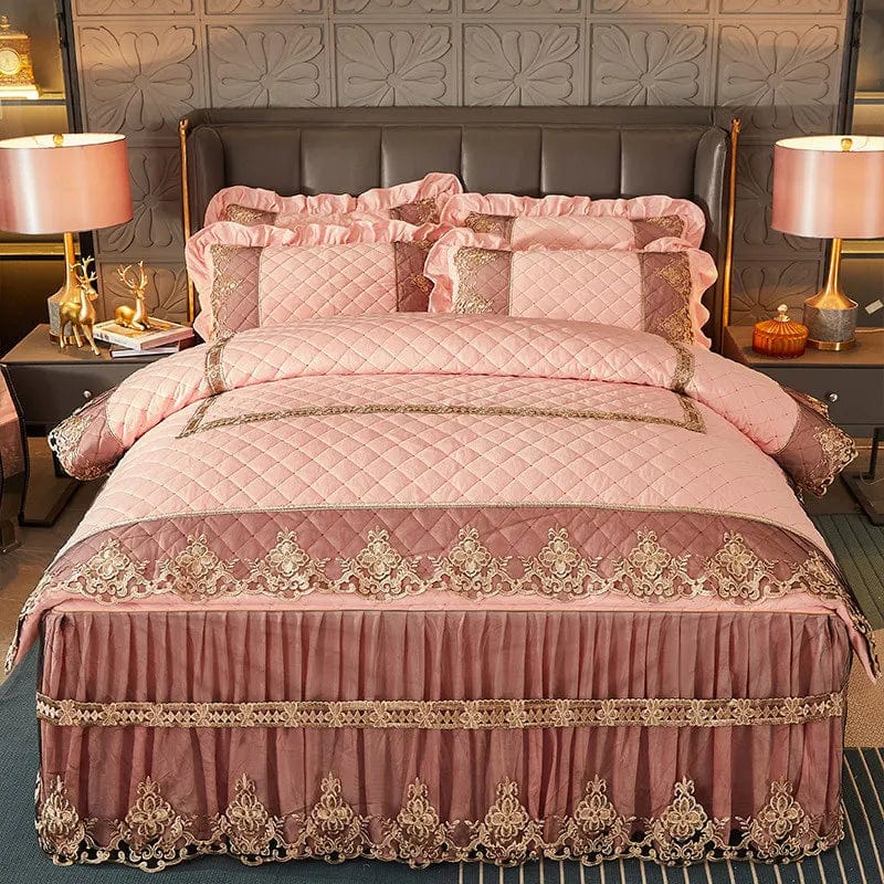 Luxury quilted velvet duvet cover set with embroidered lace, includes two pillowcases, in solid color for queen or king beds.