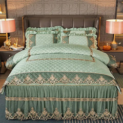 Luxury Quilted Velvet Duvet Cover Set Queen King Double Bed Embroidery Lace European Quilt Cover Solid Color 2 Pillowcases Soft - SHOWLU FASHION STORE