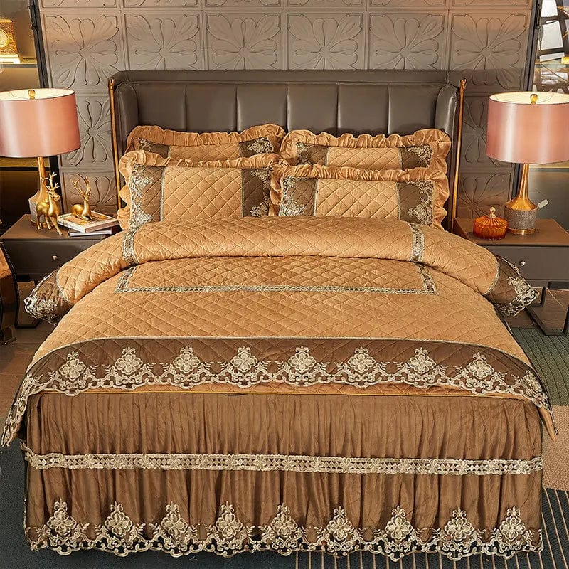 Ai·Winsure quilted velvet duvet cover set with embroidered lace, includes two pillowcases, in solid color for queen or king beds.