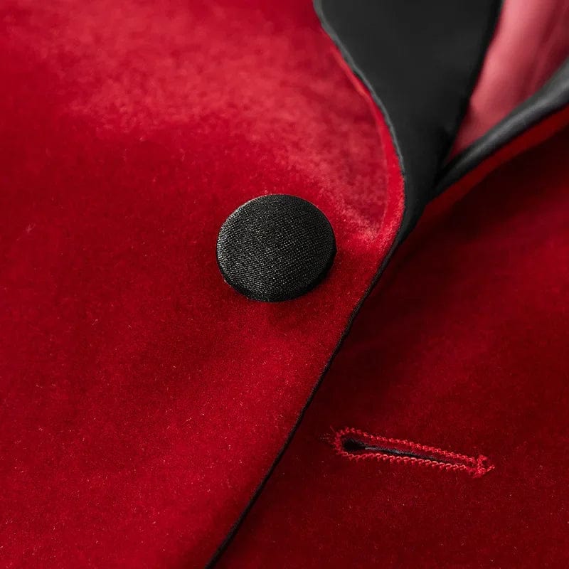 Men's red velvet blazer by SHOWLU FASHION STORE, slim fit tuxedo jacket with one button, peak lapel, ideal for formal events.