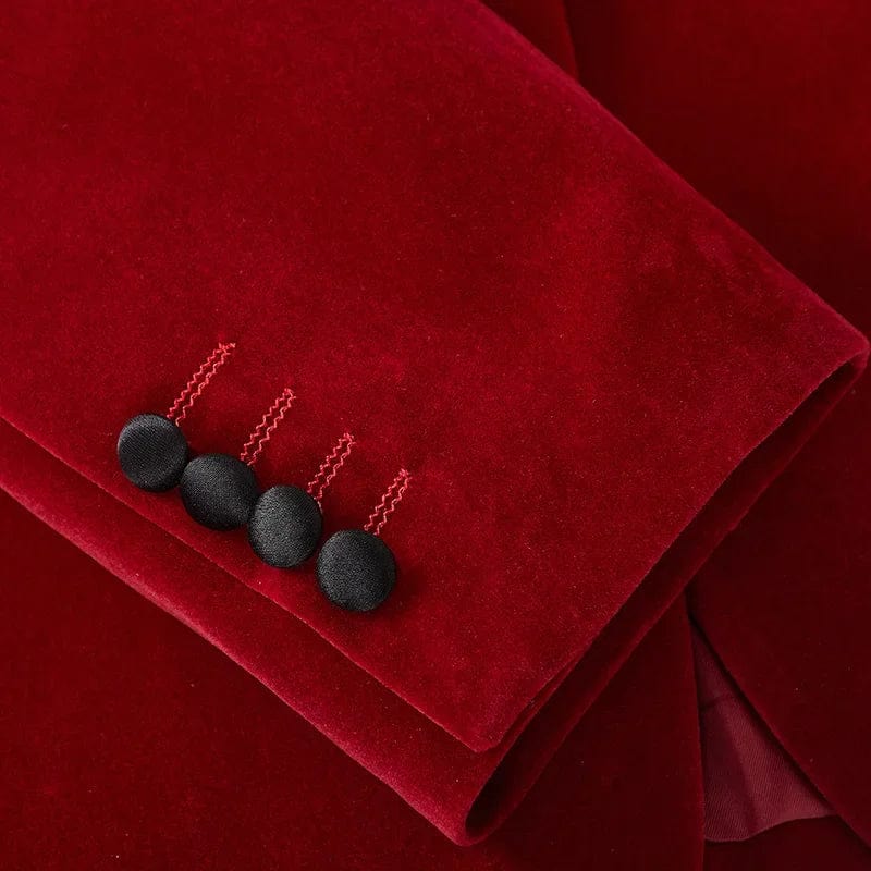 Men's red velvet blazer with slim fit, one-button, peak lapel, tailored tuxedo jacket for formal events and parties.