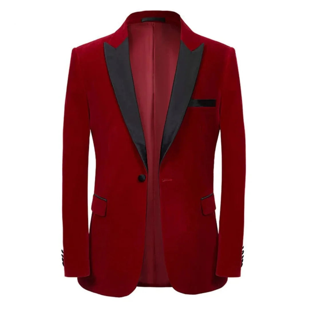 Men's red velvet blazer by SHOWLU Fashion Store, slim fit tuxedo jacket with one button and peak lapel, suitable for weddings and parties.