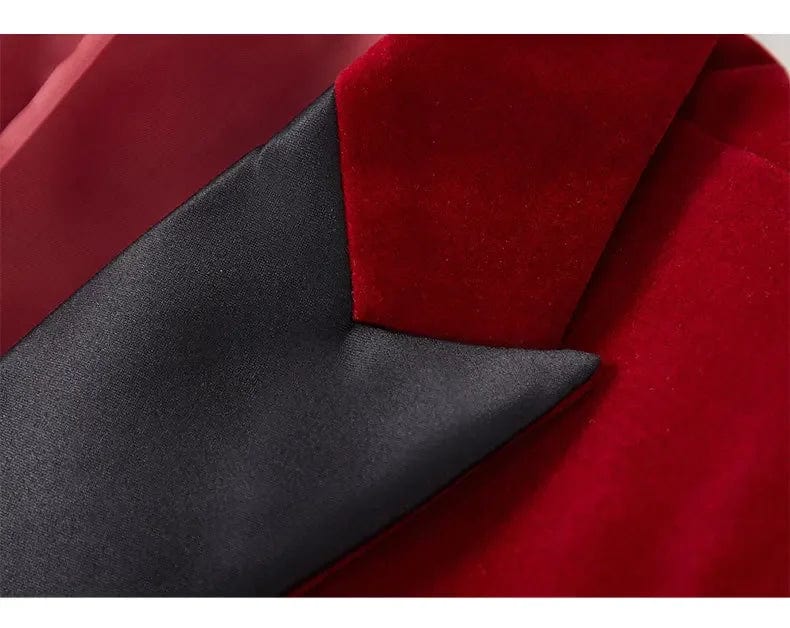 Men's red velvet blazer by SHOWLU FASHION STORE, slim fit tuxedo jacket with one-button peak lapel for formal occasions.
