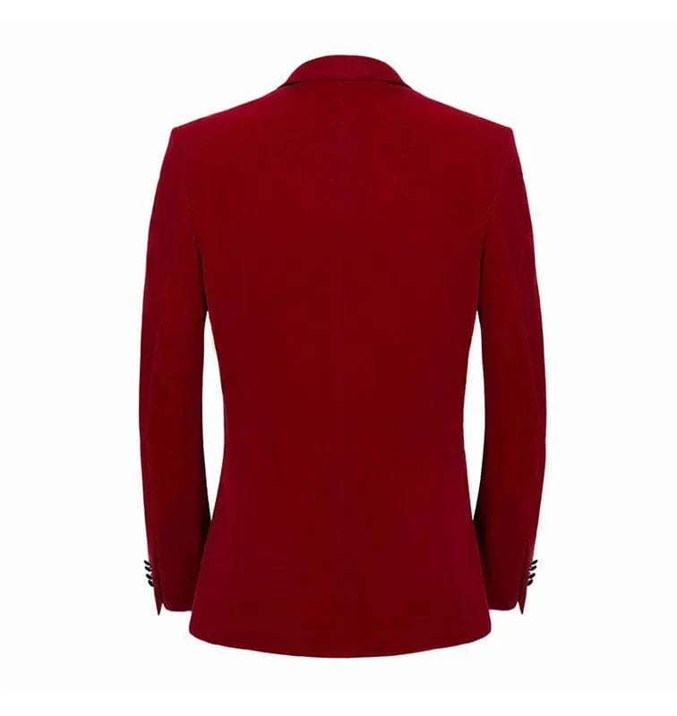 Men's red velvet blazer by SHOWLU FASHION STORE, slim fit tuxedo jacket with one button and peak lapel for formal occasions.