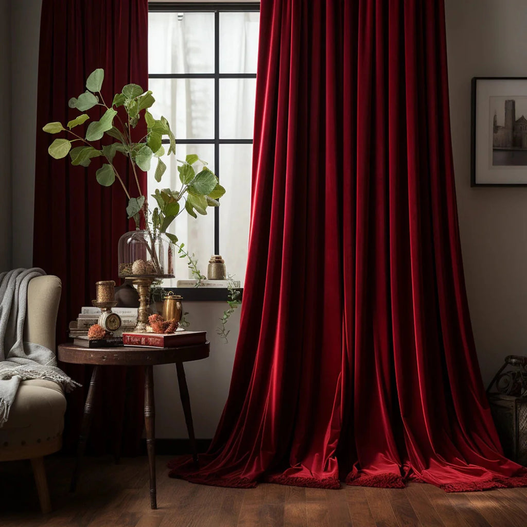 Luxury velvet curtains by Showlu Fashion, thermal heavy window drapes in rich red, perfect for living room or bedroom decor.
