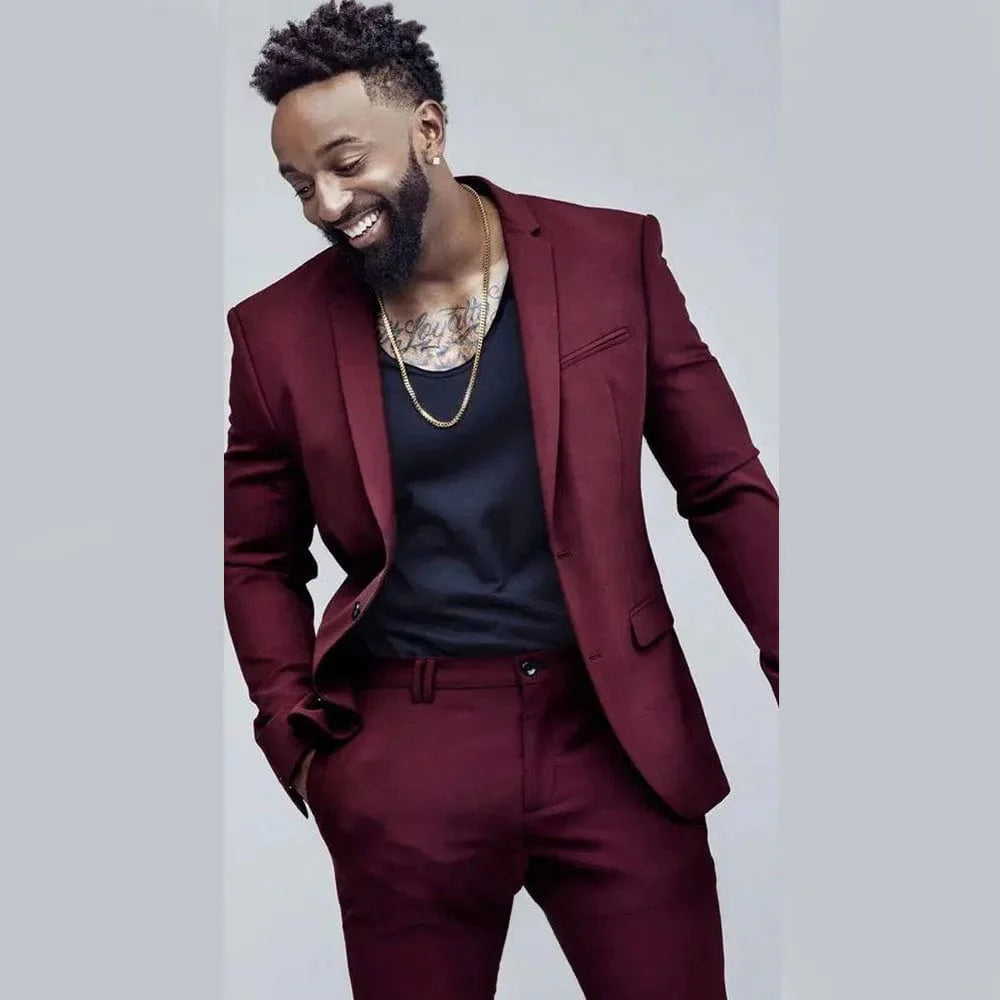 SHOWLU Burgundy slim fit men's suit with single-breasted notch lapel, full set for formal occasions and weddings.