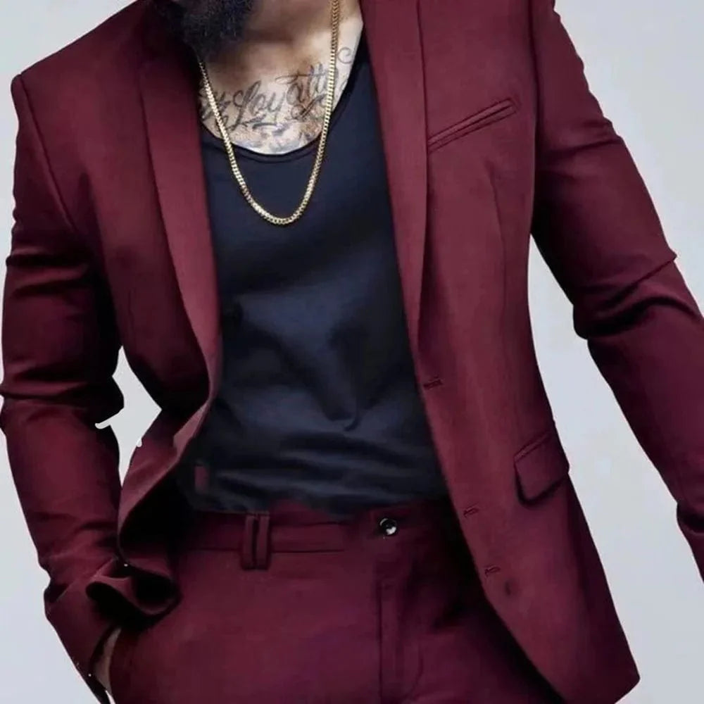 SHOWLU Burgundy slim fit men's suit with single-breasted notch lapel, full set formalwear ideal for weddings and special occasions