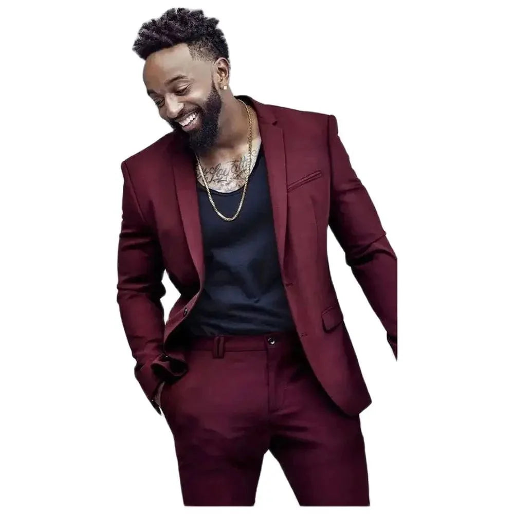 SHOWLU Burgundy Slim Fit men's suit with single-breasted notch lapel, full formal set, ideal for weddings and formal occasions.