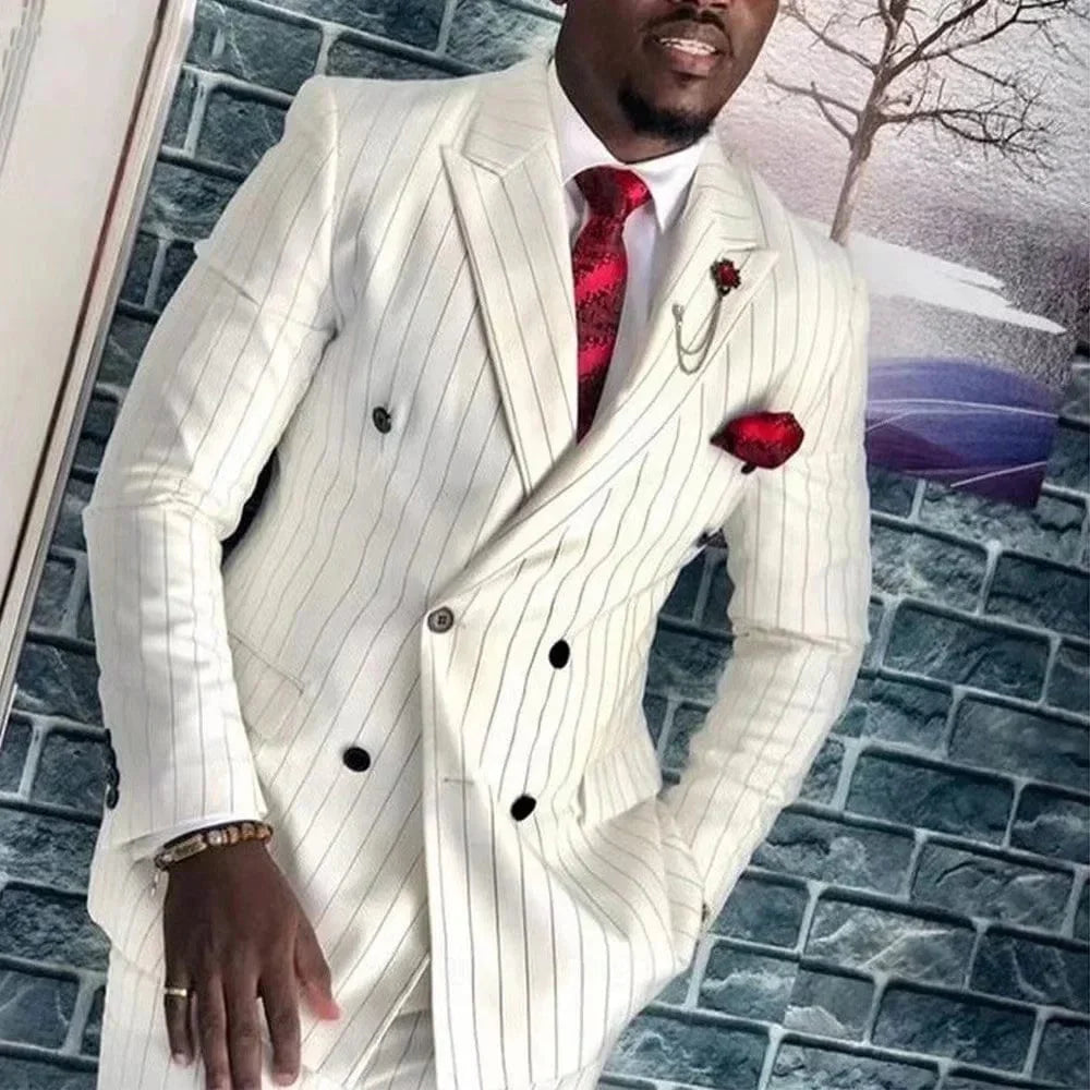 Men's double-breasted stripe wedding suit by SHOWLU FASHION, featuring peak lapel, 2-piece set with jacket and pants, luxurious formal style.