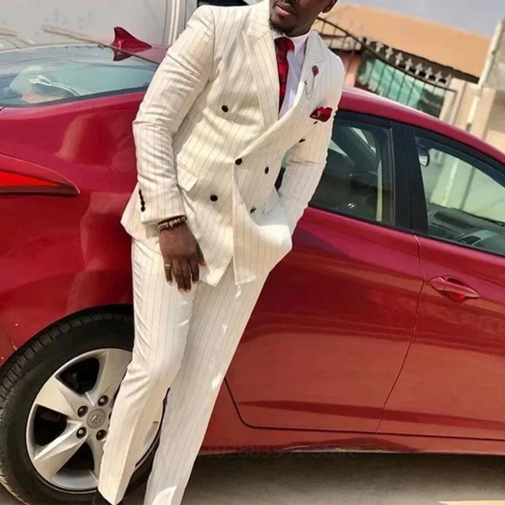 Men's double-breasted stripe wedding suit with peak lapel, jacket and pants, stylish formal 2-piece set by SHOWLU FASHION STORE.
