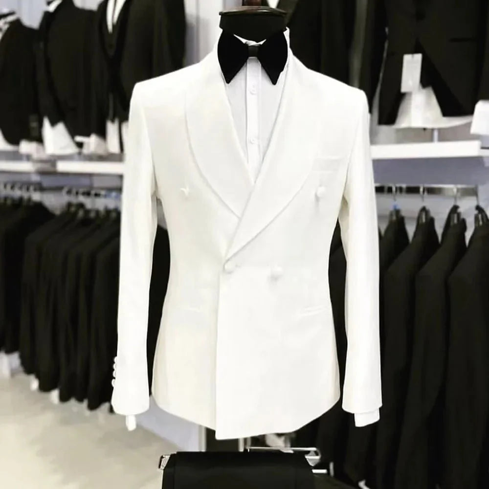 Men's white double-breasted wedding suit with shawl lapel, black pants, custom-made 2-piece tuxedo by SHOWLU FASHION STORE