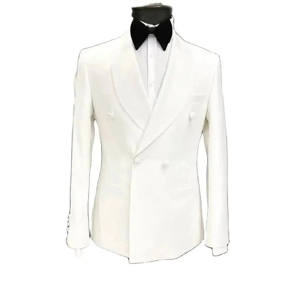 Men's white and black 2-piece wedding suit by SHOWLU FASHION STORE, featuring a double-breasted shawl lapel tuxedo with tailored fit.