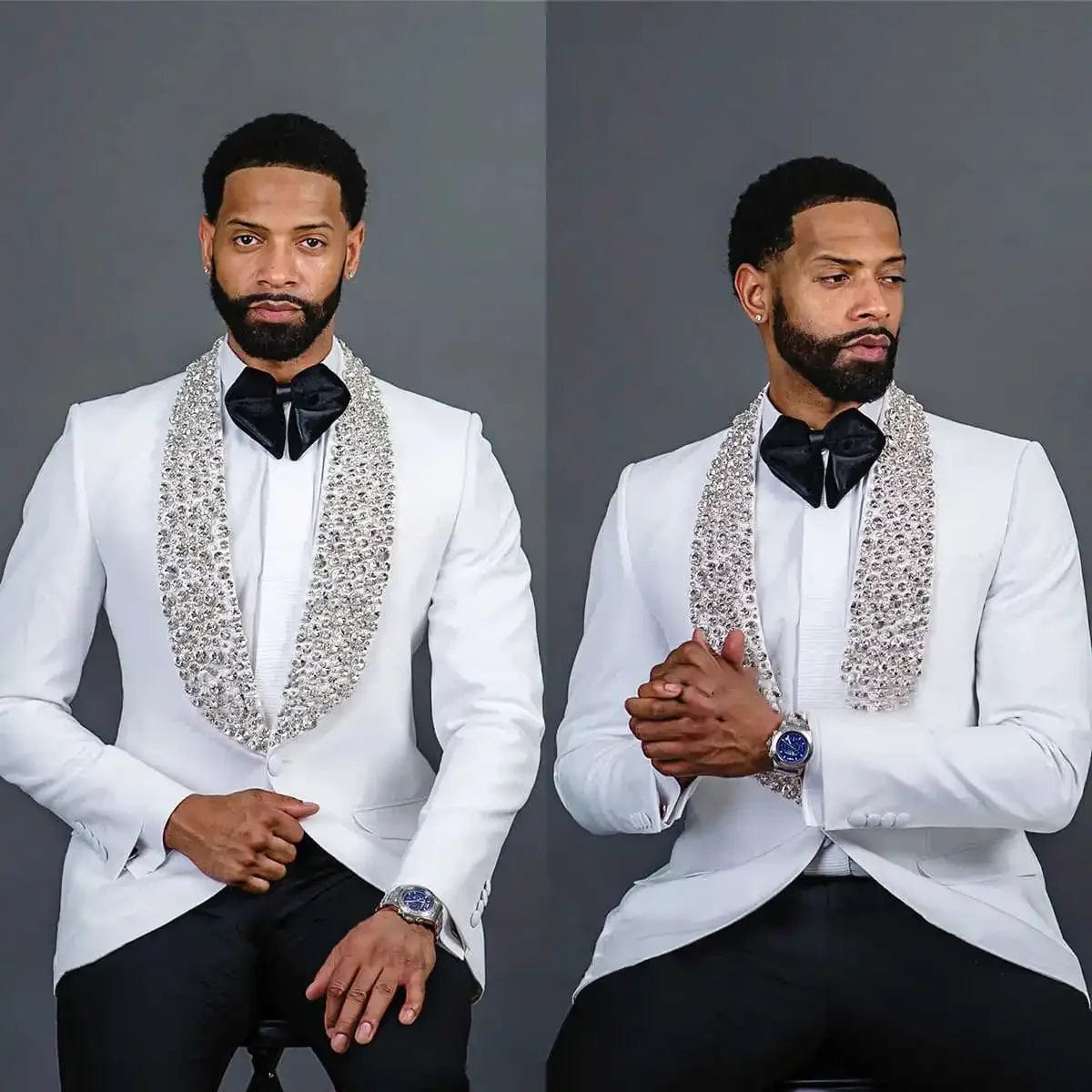 Luxury White Men's Suits Crystal Beads Slim Fit Wedding Groom Tuxedos Shawl Lapel Business Blazer Set 2 Pieces Jacket Pants - SHOWLU FASHION STORE