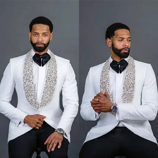 Luxury White Men's Suits Crystal Beads Slim Fit Wedding Groom Tuxedos Shawl Lapel Business Blazer Set 2 Pieces Jacket Pants - SHOWLU FASHION STORE