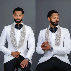 Luxury White Men's Suits Crystal Beads Slim Fit Wedding Groom Tuxedos Shawl Lapel Business Blazer Set 2 Pieces Jacket Pants - SHOWLU FASHION STORE