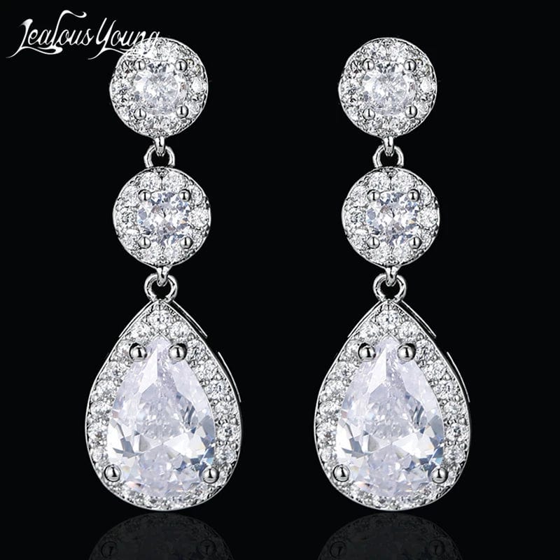 Showlu Fashion cubic zirconia water drop dangle earrings with round stones, ideal for bridal and wedding jewelry.