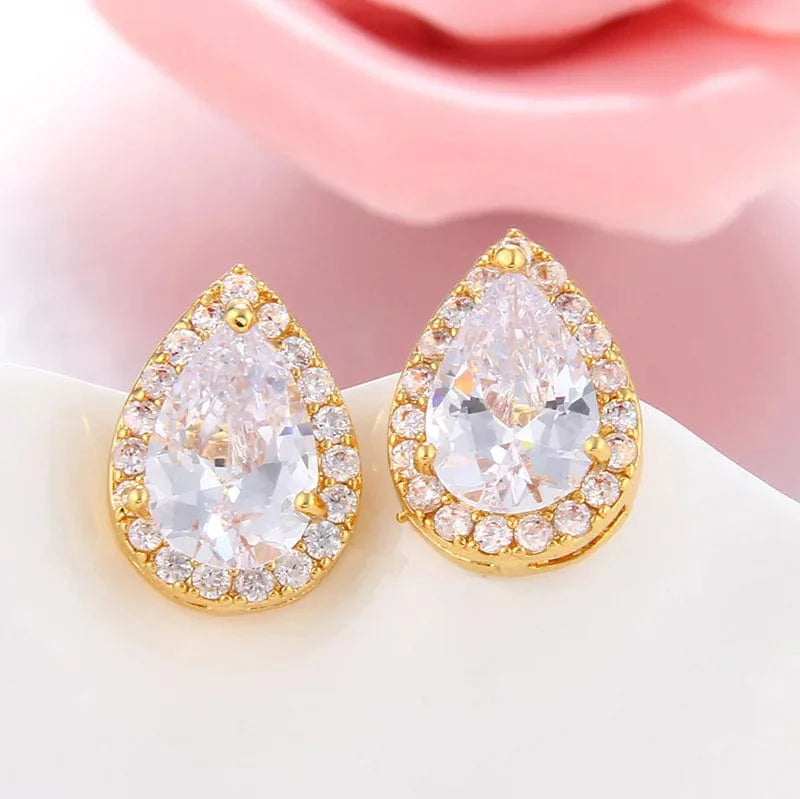 Showlu Fashion Water Drop Dangle Earrings with cubic zirconia, elegant bridal jewelry for women, perfect for weddings and special occasions.
