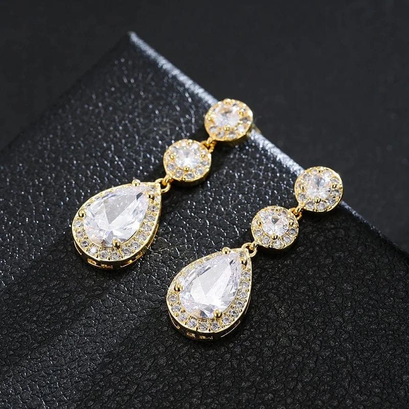 Luxury cubic zirconia water drop dangle earrings for women, elegant bridal jewelry with round zirconia accents and long dangle design.