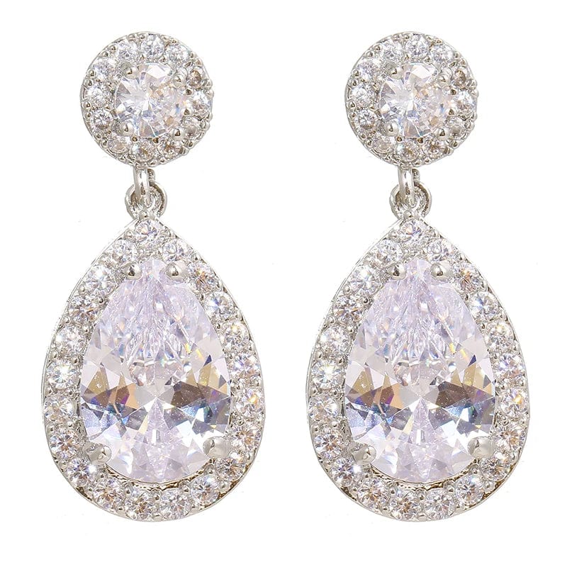 Showlu Fashion water drop cubic zirconia dangle earrings for bridal and wedding, featuring elegant long drop design for women.