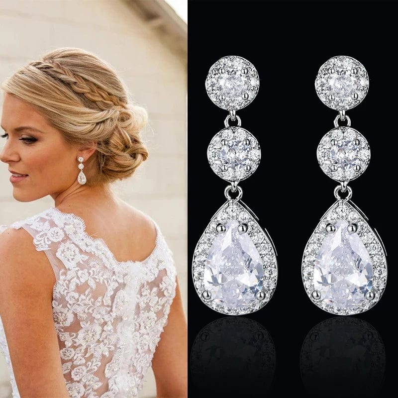 Elegant Showlu Fashion cubic zirconia water drop dangle earrings for women, ideal for bridal and wedding jewelry.