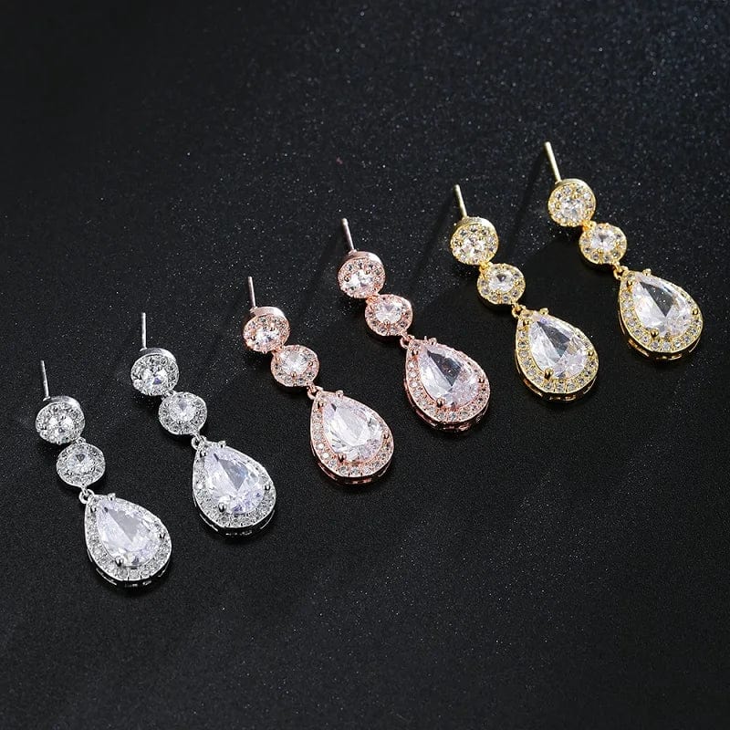 Showlu Fashion Young Cubic Zirconia Water Drop Dangle Earrings for bridal wedding, featuring elegant long drop design and sparkling CZ stones.