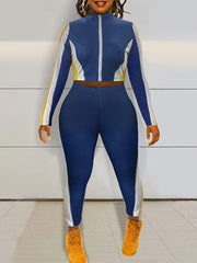 LW Plus Size Zipper Design Patchwork Pants Set Women Color Block Mandarin Collar Tracksuits Long Sleeve Two Pieces Outfits - SHOWLU FASHION STORE