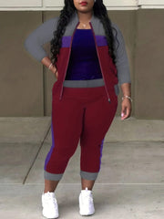 LW Plus Size Zipper Design Patchwork Pants Set Women Color Block Mandarin Collar Tracksuits Long Sleeve Two Pieces Outfits - SHOWLU FASHION STORE