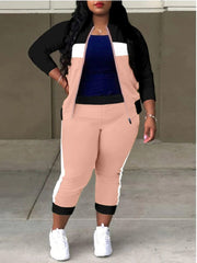 LW Plus Size Zipper Design Patchwork Pants Set Women Color Block Mandarin Collar Tracksuits Long Sleeve Two Pieces Outfits - SHOWLU FASHION STORE