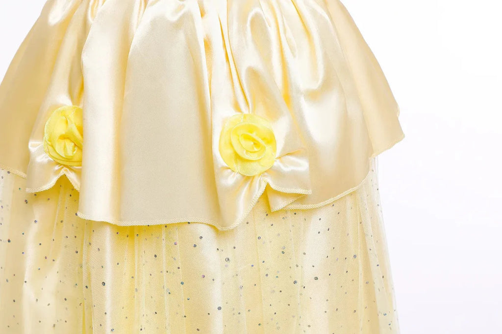 LZH Girls Princess Belle yellow dress for kids, featuring a full skirt and elegant design, ideal for Halloween or Christmas costumes.