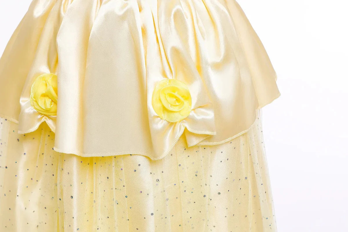 LZH Girls Princess Belle yellow dress for kids, featuring a full skirt and elegant design, ideal for Halloween or Christmas costumes.