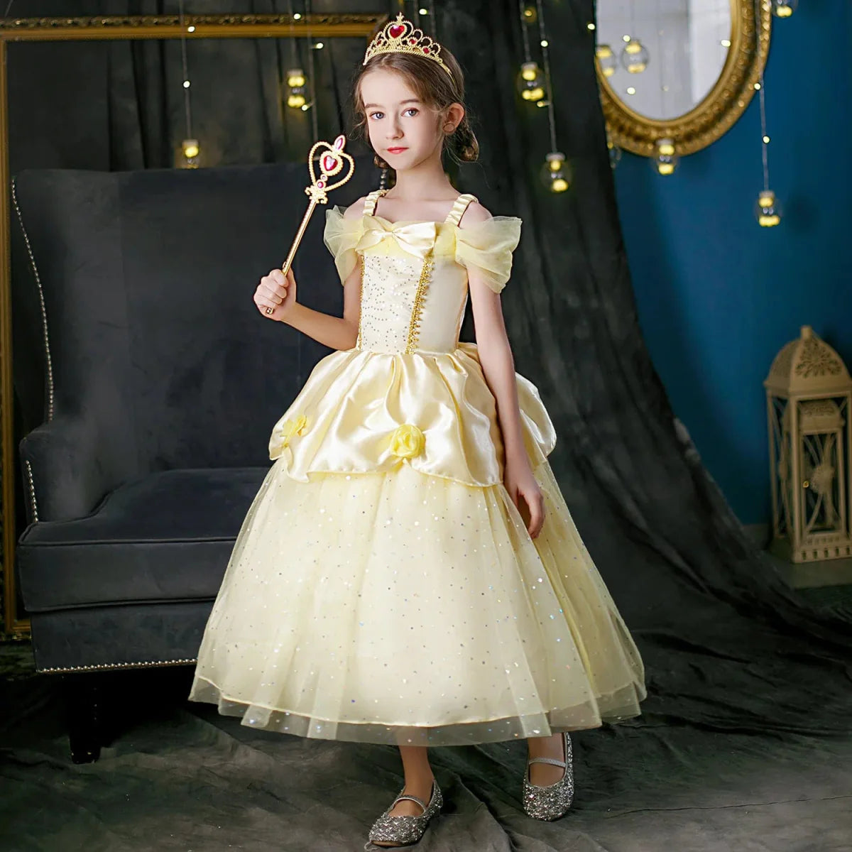 LZH Girls Princess Belle yellow dress for kids, featuring puff sleeves and a full skirt, perfect for Halloween or Christmas costume cosplay.
