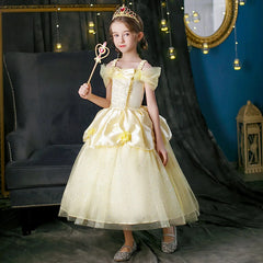 LZH Girls Princess Bell Yellow Dresses for Kids Christmas Halloween Party Cosplay Costume Children Fancy Cos Dress Up - SHOWLU FASHION STORE