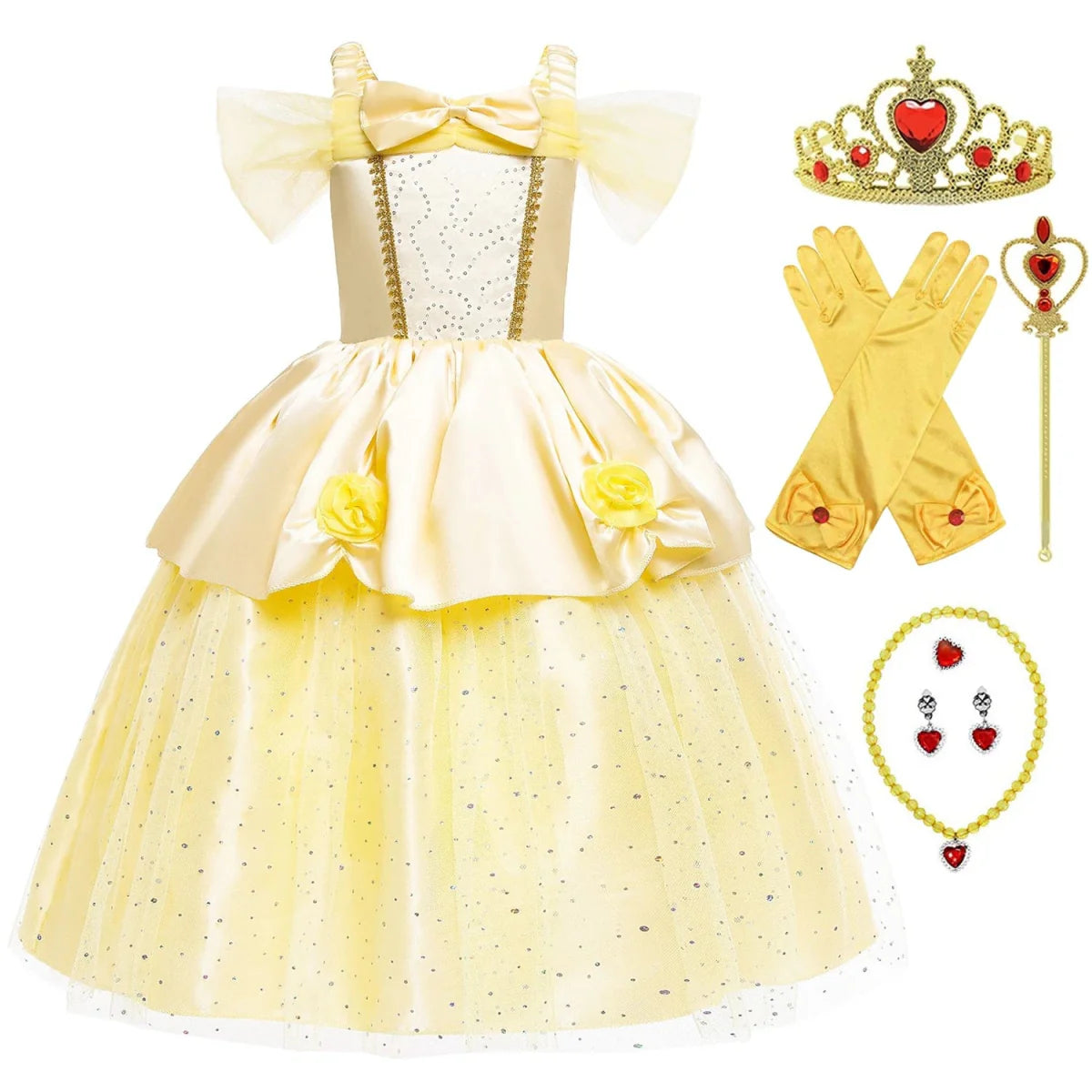 LZH Girls Princess Belle yellow dress for kids, Halloween and Christmas cosplay costume, with puff sleeves and ruffled skirt.