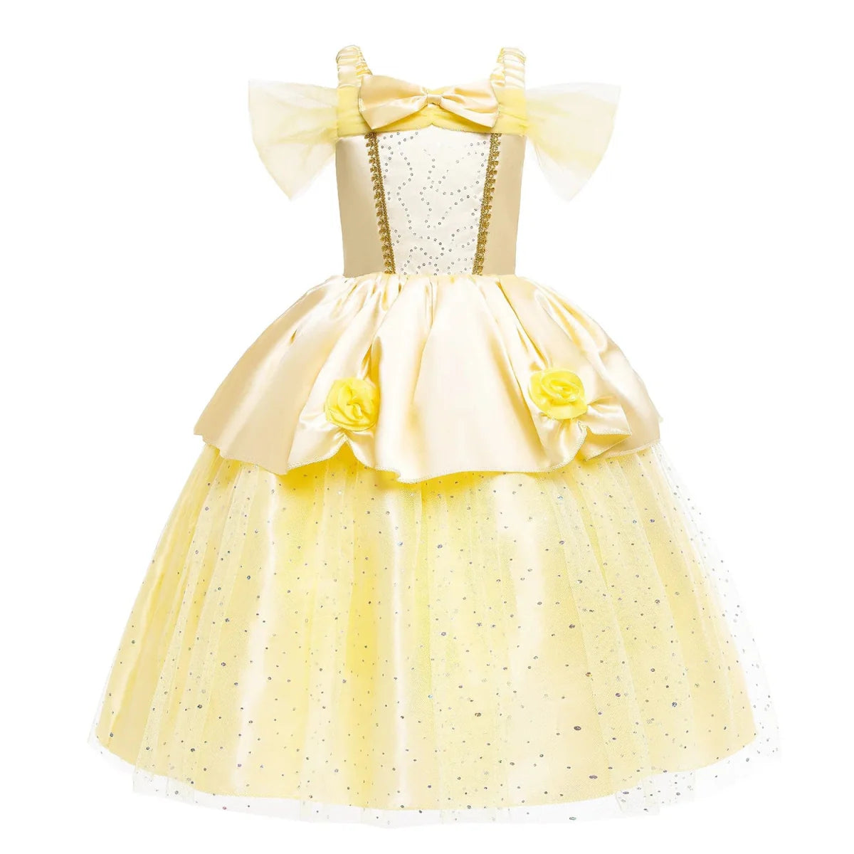 Girl wearing a yellow princess Belle dress for kids Halloween or Christmas cosplay, featuring a full skirt and elegant design.
