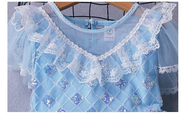 Kids Elsa princess dress from Showlu Fashion Store, blue costume with snowflake details for Halloween, parties, or birthdays.