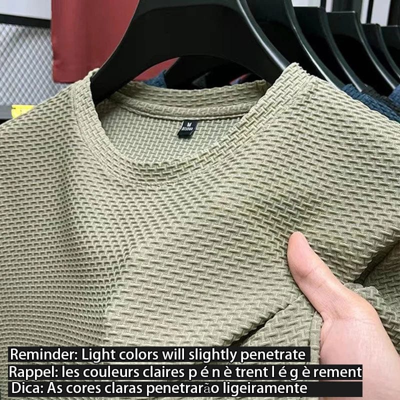 Showlu Men's wrinkle-resistant short sleeve T-shirt with round neck, breathable fabric, and versatile summer top in various sizes.