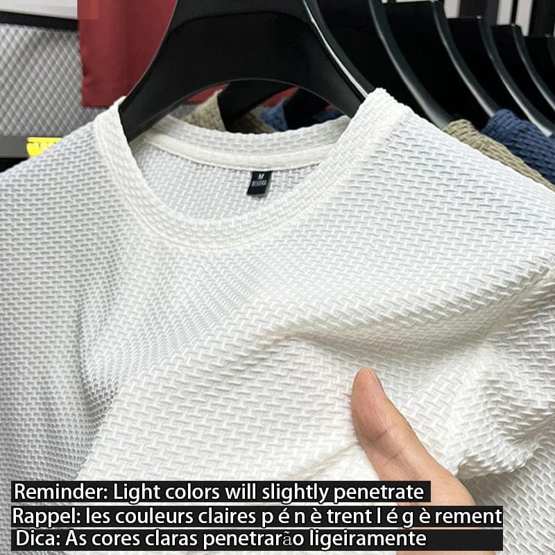 Showlu men's wrinkle-resistant short sleeve T-shirt with round neck, breathable fabric, ideal for summer leisure wear.