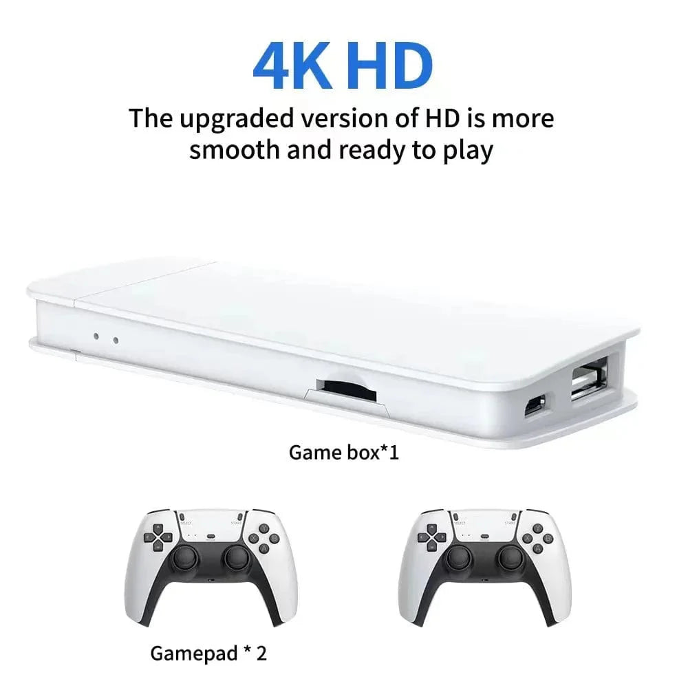 YYDZKJ M15 Retro Game Stick with wireless controllers, 4K HD video output, 20,000+ games, handheld console for two players.