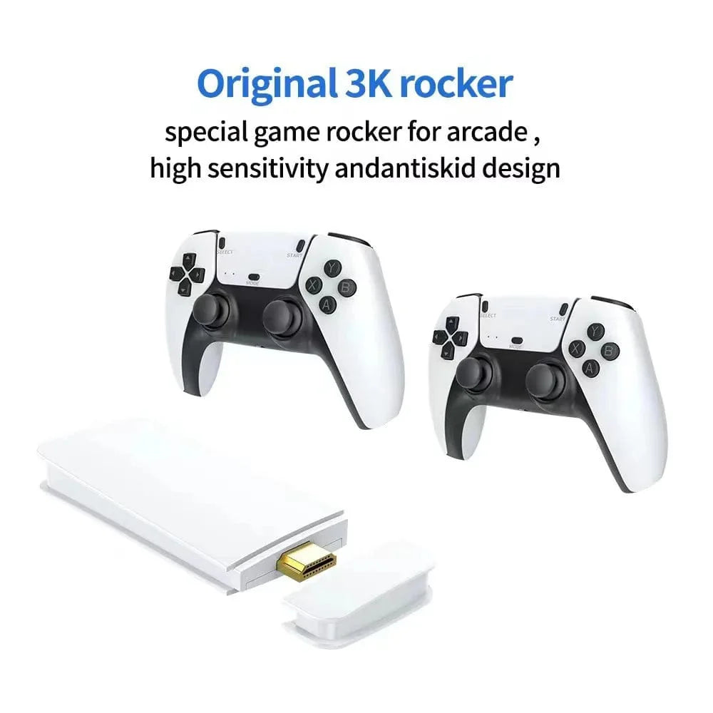 YYDZKJ M15 Retro Game Stick handheld console with wireless gamepads, 4K HD output, 20,000+ retro games, two-player support.