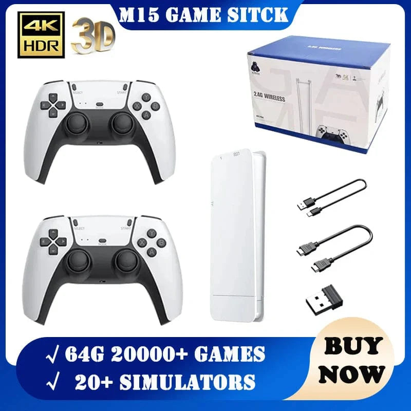 Retro M15 Game Stick by Showlu Fashion Store, handheld console with 4K HD output, wireless gamepads, 20,000+ retro games for two players