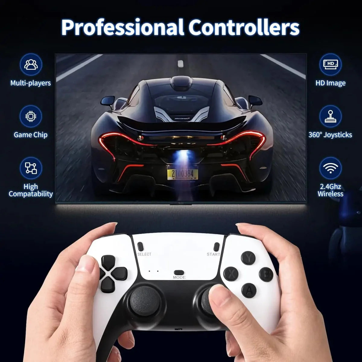 YYDZKJ M15 Retro Game Stick handheld console with wireless controllers, 4K HD output, 20,000+ classic games for two players